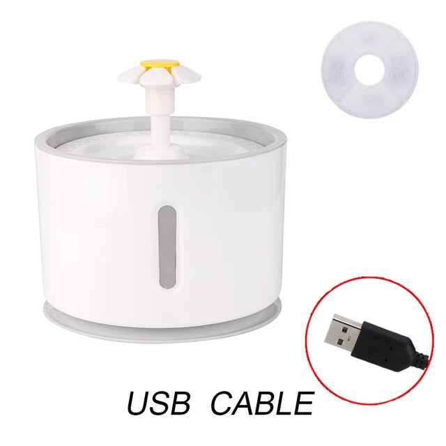 white plastic with grey trim pet water fountain with USB cable