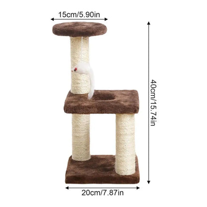 3 tier cat stand, has a hanging mouse that hangs from bottom of top tier, a hole for the cat to crawl through on the middle (2nd) tier, bottom tier is flat. the stand is brown plush material, on the tiers, rope wraps around the posts. bottom measures 20cm / 7.87in, the height is 40cm / 15.74in, the top tier measure 15cm / 5.90in