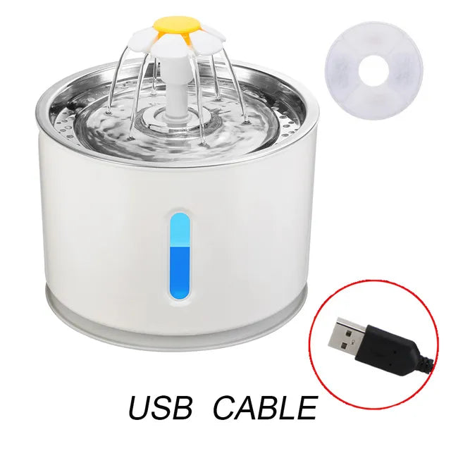 stainless steel, white plastic with grey trim pet water fountain with USB cable