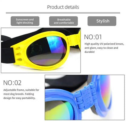 folding dog sunglasses, product detail, uv polarized lenses, anti glare, durable, portability, folding, easy to clean