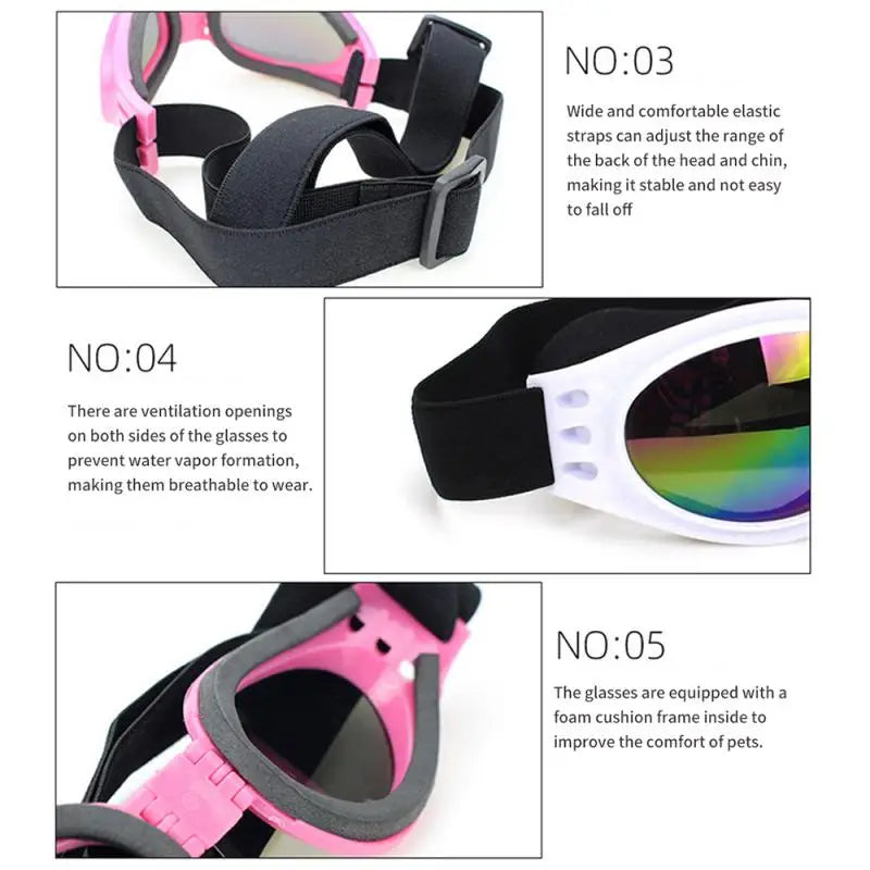 folding dog sunglasses, strap is wide and comfortable, goes back of head and chin making it stable, ventilation opening on both sides, frames have a foam cushion for comfort