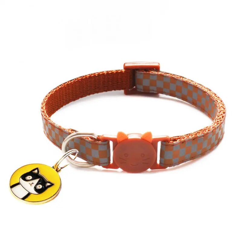 reflective cat collar, brown with yellow tag with a black cat