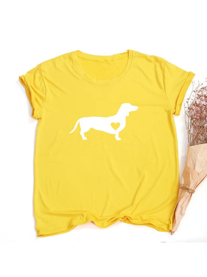 yellow t-shirt with a white silhouette of a dachshund with a heart shape on the dog