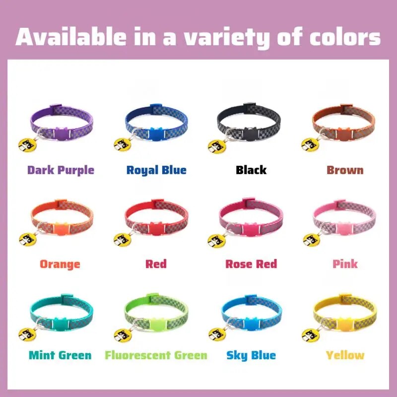 reflective cat collar, the available colors, Dark purple, royal blue, black, brown, orange, red, rose red, pink, mint green, fluorescent green, sky blue, yellow
