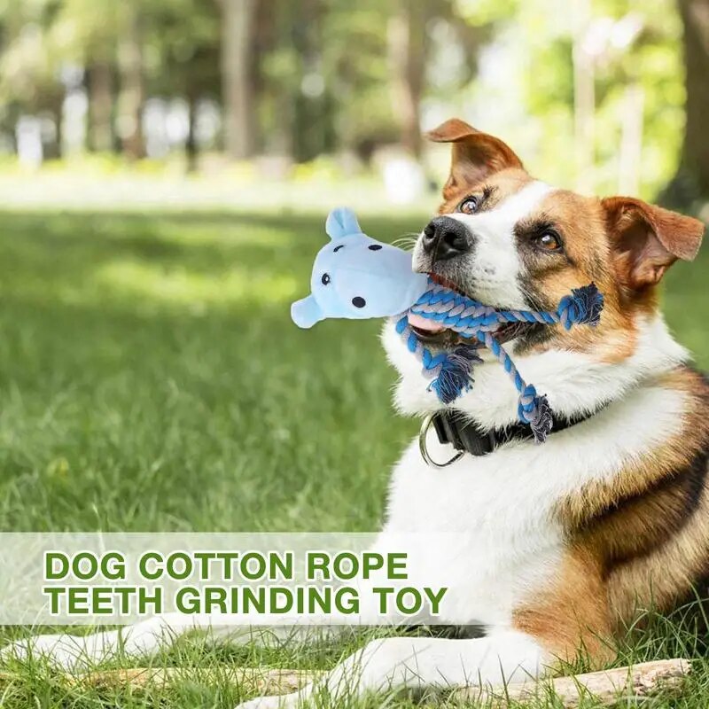dog holding a the cow chew toy in its mouth, words say dog cotton rope teeth grinding toy