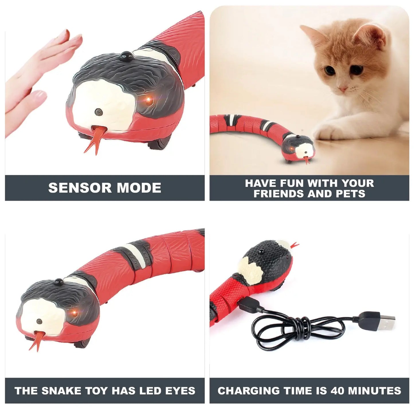 Smart Sensing Cato Toy, snake has a sensor mode, pets will have fun, the snake has led eyes the tongue moves in and out of the mouth, charging time is 40mins