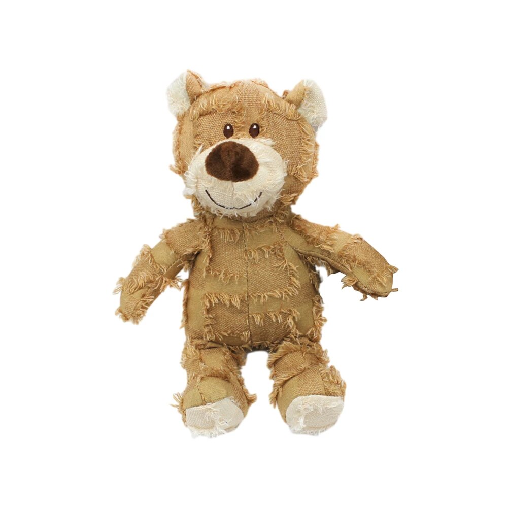 light brown bear squeaky chew toy, corduroy material 