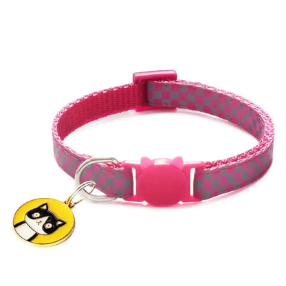 reflective cat collar, rose red with yellow tag with a black cat