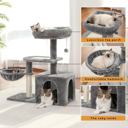 the cat stand with hammock is grey plush material, the top tier (perch) has soft sides the cat lays in it like a bed, the hammock is comfortable it gives the look of a hug to the cat, the bottom tier is a nice place for the cat to hide in the cozy condo 