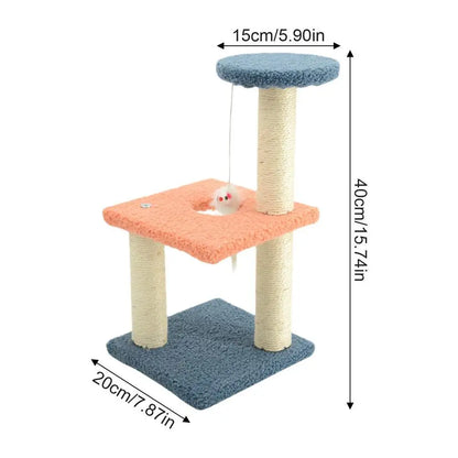 3 tier cat stand, has a hanging mouse that hangs from bottom of top tier, a hole for the cat to crawl through on the middle (2nd) tier, bottom tier is flat. the top and bottom tier's are blue plush,  the middle tier is pink plush material, rope wraps around the posts. bottom measures 20cm / 7.87in, the height is 40cm / 15.74in, the top tier measure 15cm / 5.90in