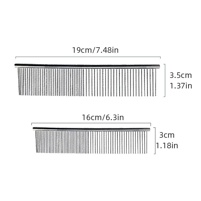 pet grooming comb, size chart, large 19cm / 7.48in x 3.5cm / 1.37in, small 16cm / 6.3in, 3cm / 1.18in