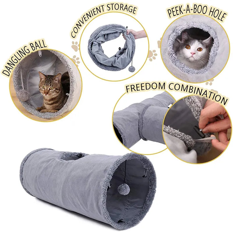 collapsible cat tunnel, dangling ball, easy to close and store away, peek-a-boo hole, freedom combination to add more tunnels
