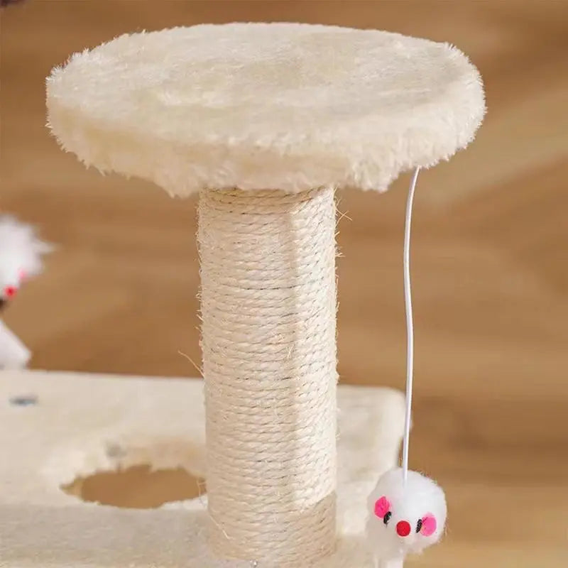 side view of cat stand showing the mouse hanging down from top tier