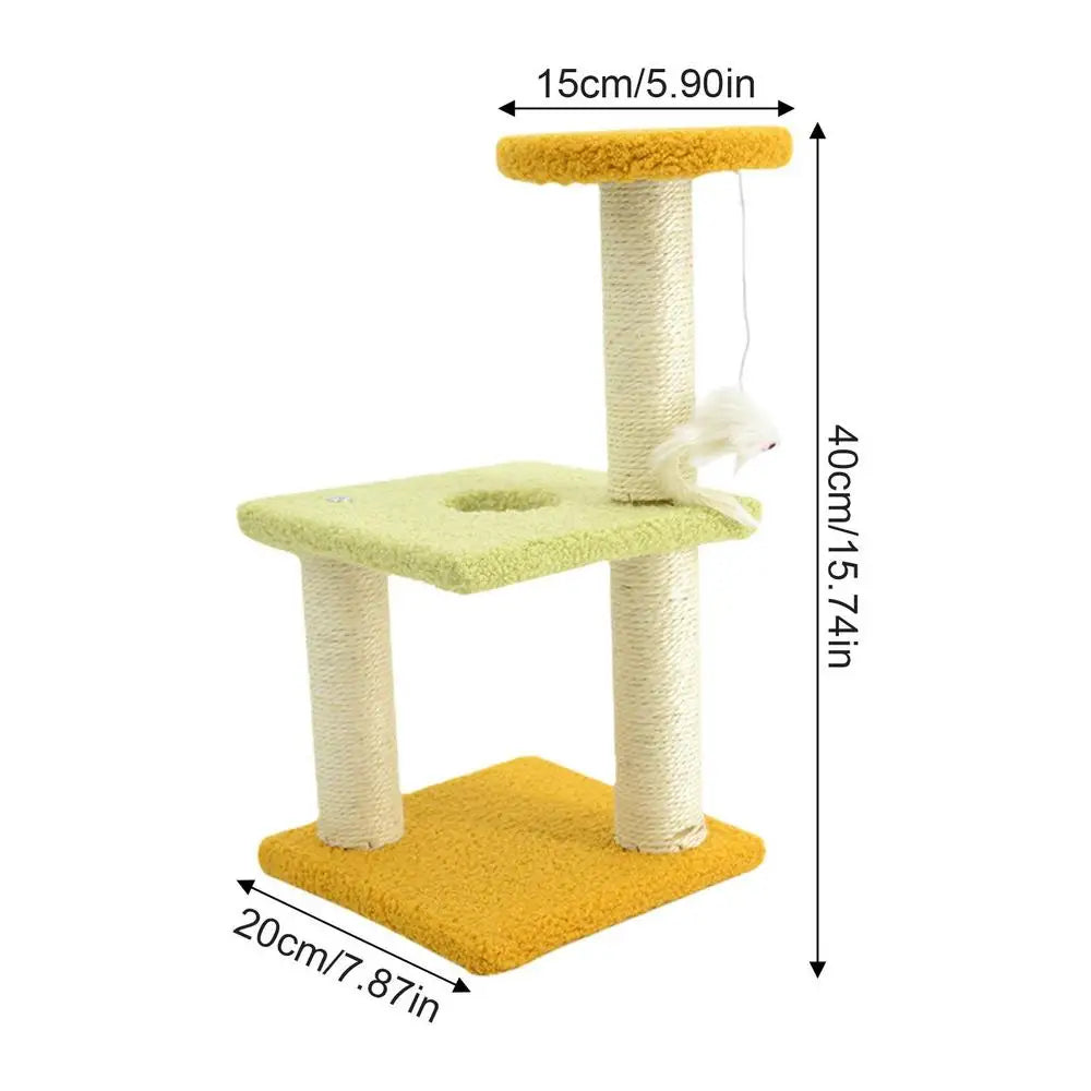 3 tier cat stand, has a hanging mouse that hangs from bottom of top tier, a hole for the cat to crawl through on the middle (2nd) tier, bottom tier is flat. the top and bottom tier's are yellow, the middle is light green plush material, on the tiers, rope wraps around the posts. bottom measures 20cm / 7.87in, the height is 40cm / 15.74in, the top tier measure 15cm / 5.90in