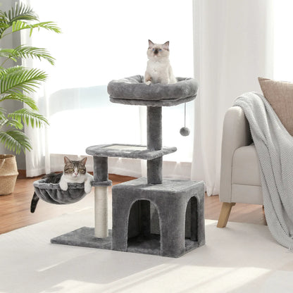 cat stand with hammock, grey plush material with rope on the post, hanging ball from bottom of top tier which is a soft sided bed, second tier is flat covered with the plush material, the hammock sits just below the second tier, the bottom tier has a covered condo for the cat to hide