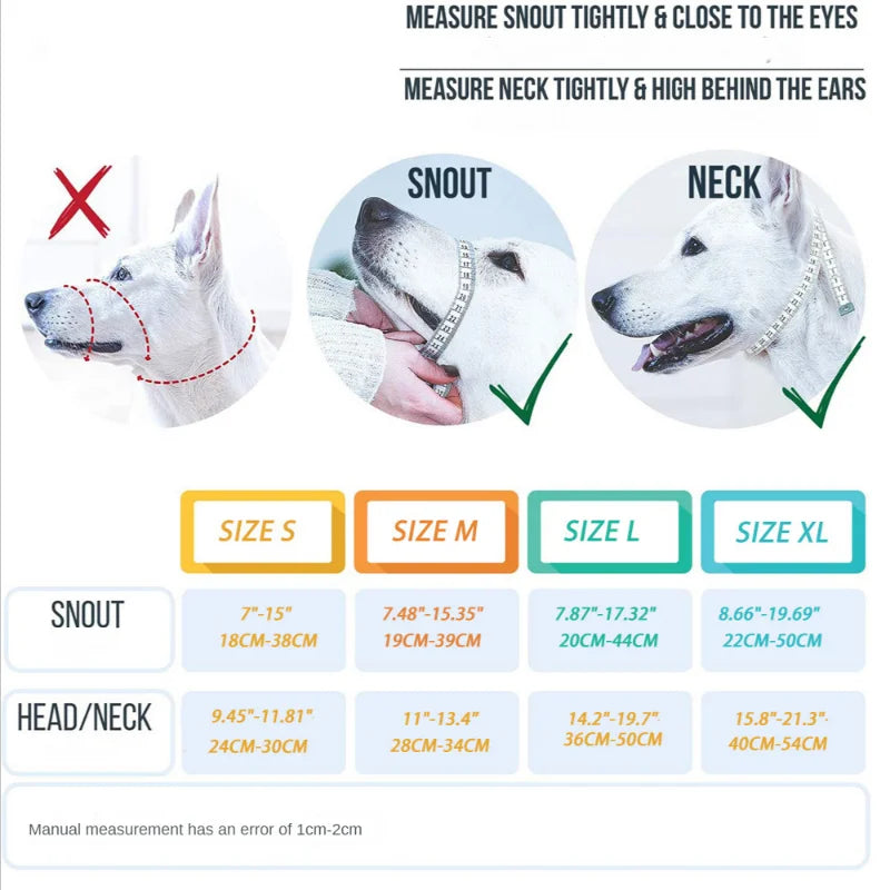 Head harness training leash, size chart with the correct way to measure for the harness