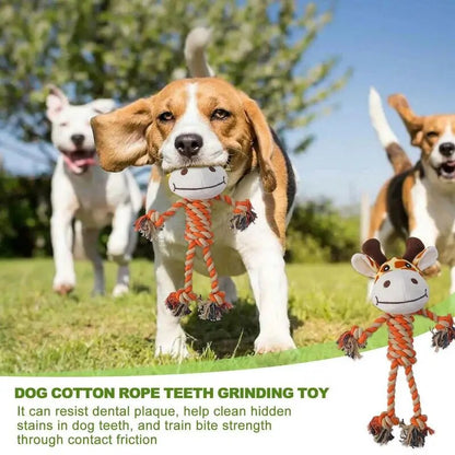 dog carrying the giraffe, words say, dog cotton rope teeth grinding toy, it can resist dental plaque help clean hidden stains in dog teeth, and train bite  strength through contact friction