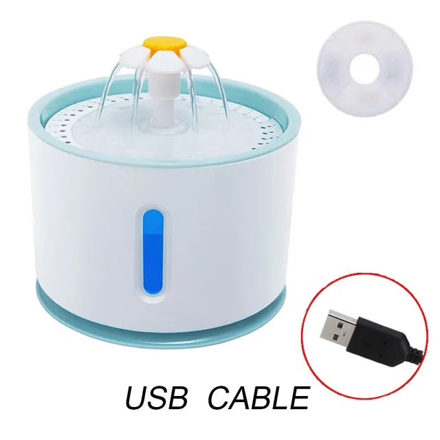 white plastic with blue trim pet water fountain with USB cable