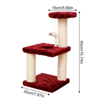 3 tier cat stand, has a hanging mouse that hangs from bottom of top tier, a hole for the cat to crawl through on the middle (2nd) tier, bottom tier is flat. the stand is red plush material, on the tiers, rope wraps around the posts. bottom measures 20cm / 7.87in, the height is 40cm / 15.74in, the top tier measure 15cm / 5.90in