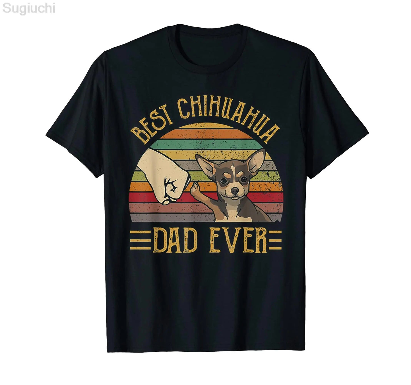 black t-shirt with a picture of a chihuahua with the words best chihuahua dad ever